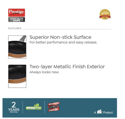 Prestige Omega Deluxe Non-Stick Cookware 3 Pc Set |PFOA Free 5-Layer Coating | Omni Tawa 25 cm | Fry Pan 24 cm | Kadai with Glass Lid 24 cm | Brown | Dishwasher Safe - Image 3